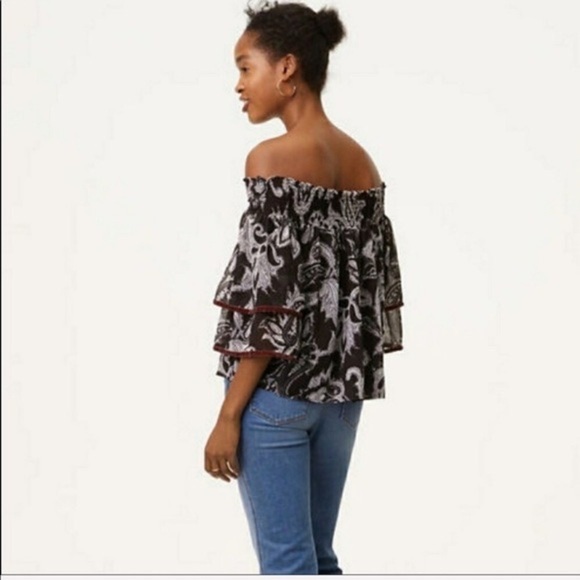 LOFT Black White Ruffle Flare Sleeve Off The Shoulder Top Blouse Size M - Picture 5 of 17